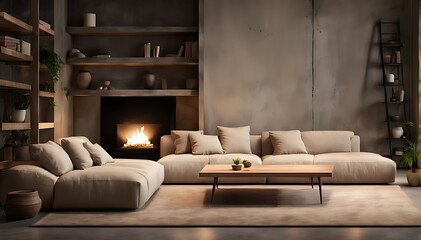  Loft interior design of modern living room, home. Beige sofa and shelving units against concrete wall. 