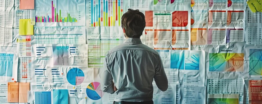 Solo entrepreneur reviewing upward sloping graphs on large paper spreadsheets, planning for future business expansion