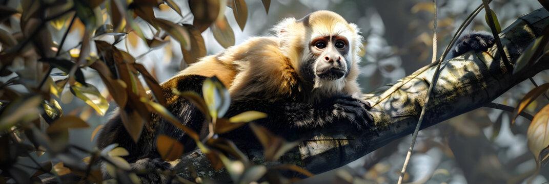  White-faced capuchin monkey (Cebu's imitator) in Manuel Antonio national park forest background  

 