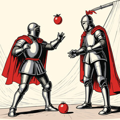 Fototapeta premium Two Knights Fighting and Wearing Medieval Armor Engraved Line