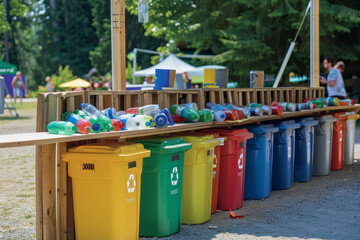 Colorful Recycling Bins Lined Up at Outdoor Event