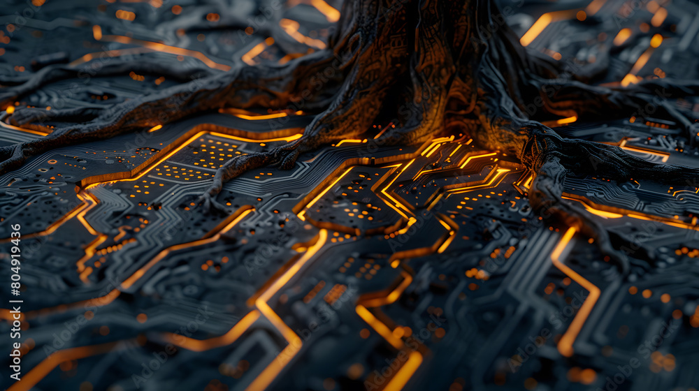 Poster the extensive root of a tree is growing on a digital circuit mainboard. nature and technology emerge