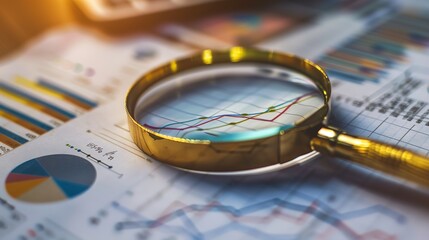 magnifying glass over financial graphs and charts