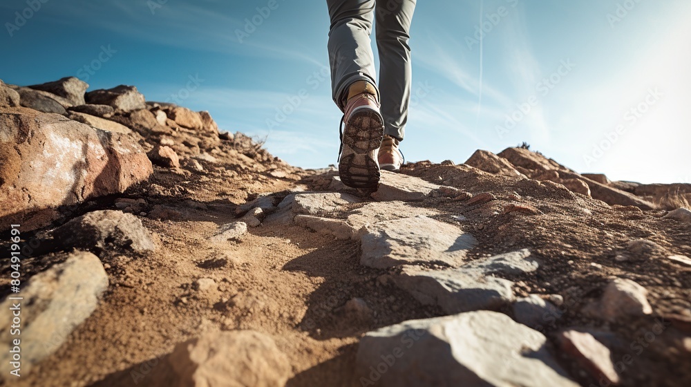 Wall mural Footsteps of climbers wearing shoes walking over a rocky mountain landscape and a beautiful sunset view in the background. seen from behind