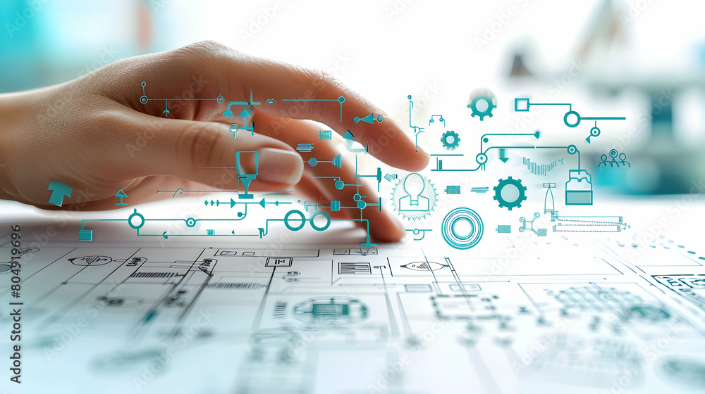 Poster 3d flat icon: blueprint of innovation with hand hovering over abstract symbols on white background