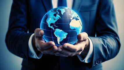 Hands Holding a Globe Global Concept for Business, Ecology, and Environmental Protection,Businessman Holding the Earth Globalization and Environmental Responsibility in One Symbol, The Globe in a Hand