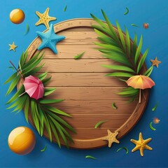 empty wooden board with summer elements like beach umbrella, palm leaves and starfishes on a blue background with a colorful ball flying around. summer time background design