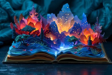 Fototapeta premium Teacher's Day, an open book with intricate papercraft designs of trees, grass and mountains emerging from the pages. The background is dark blue with a rainbow color gradient to the sky above.