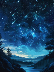 Fototapeta premium meteor shower over sky, fireballs and shooting stars flying at night, astronomy science, Wall Art Design for Home Decor, 4K Wallpaper and Background for desktop, laptop, Computer, Tablet, Mobile