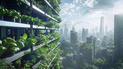 Obraz premium Hydroponic gardens producing fresh produce in urban skyscrapers.