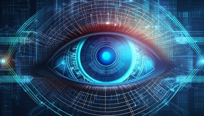 AI robot eye in dark tech space, cyborg vision on digital background. Concept of cyber security, technology, future, data, artificial intelligence, hack, network