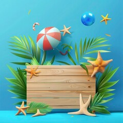 empty wooden board with summer elements like beach umbrella, palm leaves and starfishes on a blue background with a colorful ball flying around. summer time background design