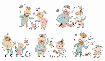 Naklejka premium set of cute kids and dads playing in different poses. child and father cartoon characters design collection. hand drawing vector isolated on white background.