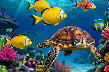 Fototapeta premium Dive into the ocean with a turtle surrounded by colorful fish, sea animals, and vibrant coral. Captivating underwater scene.