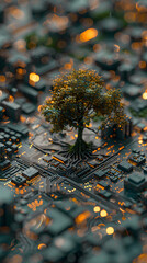 A tree is growing on a cyber semiconductor chip. Nature and technology emerged. Green Cyber City: AI Cyber Technology for Sustainable Urban Environment Development