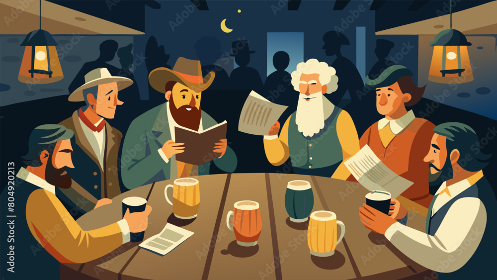 Poster in a dimly lit tavern a group of colonists gather around a table clinking mugs of ale and listening 