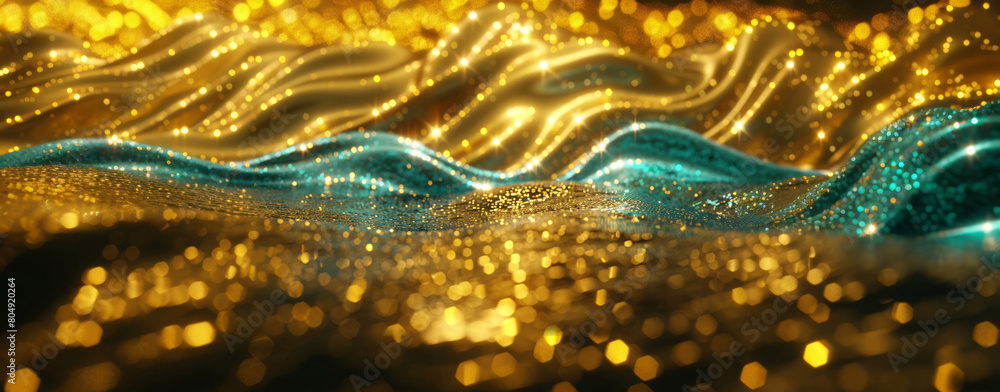 Poster abstract digital art depicting undulating waves in golden and blue hues with shimmering particles.