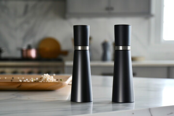 A single modern salt and pepper grinder set with a sleek finish, positioned on a clean dining table, adding a touch of elegance to every meal. 