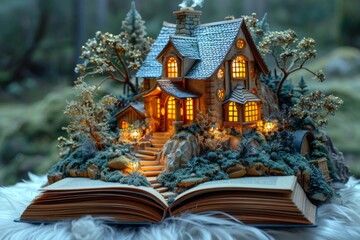 There is a gold house in the book. When you open a book, complex paper art designs appear on the pages, and the house design is composed of gold. It forms a portal to a different world. It feels magic
