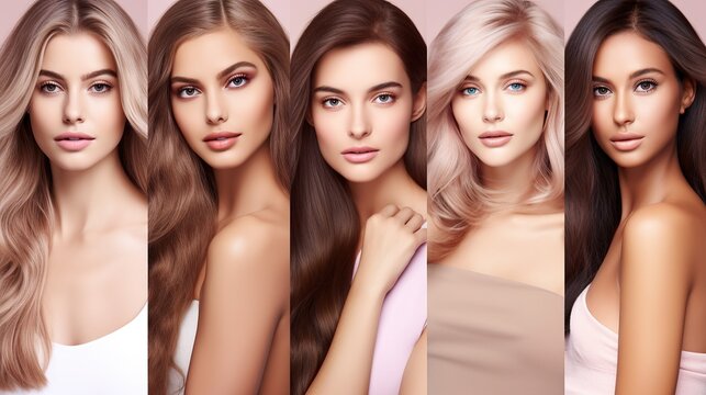 Beautiful woman's face collage. Beauty face makeup and different hairstyles .beautiful girl with makeup.