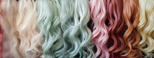 Many styles different colors of wigs in the wig shop.Modern fashion, beauty salon, hair design, bright hair color wavy hair extension