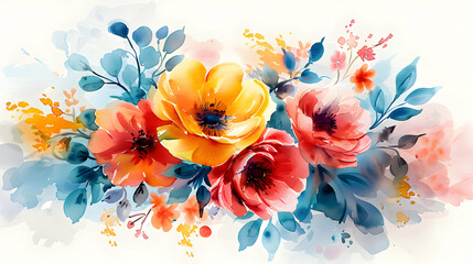 Festive Mother's Day 3D Flat Icons: Vibrant Hand-Painted Watercolor Bouquet of Floral Gifts with Close-Up Shots and Isolated White Background