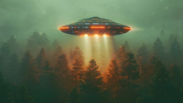 Alien ufo spaceship fly above forest. Futuristic mystery saucer invasion. 3d space ship hover. Mystic starship attack. Humanoid spacecraft landscape. Gravity flight. Nature park spy hiding. Green wood
