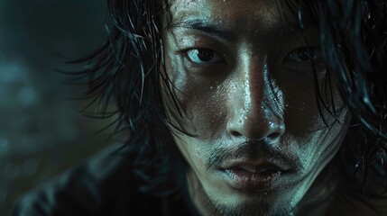 A close-up portrait of a gothic Japanese man