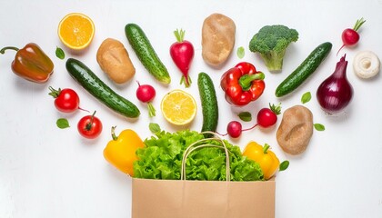 Naklejka premium Fresh vegetables falling into the paper bag. vegetables and fruits on white. Shopping food supermarket concept.