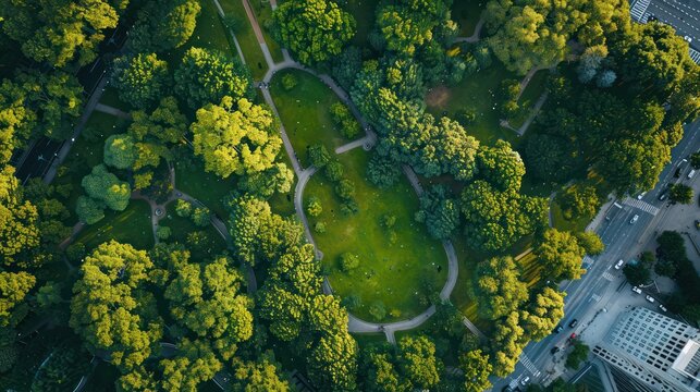 A top-down perspective revealing a richly green urban park bordered by the city&rsquo;s bustling thoroughfares
