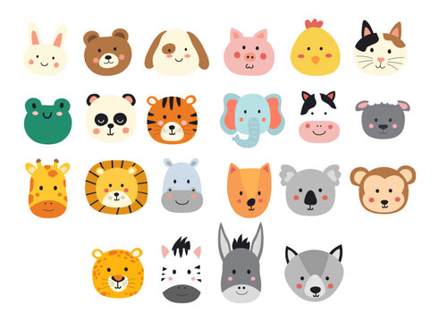 set of cute animal head vector illustration