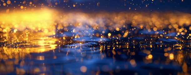 Golden bokeh light effect with sparkling reflections on a water surface, creating a warm ambiance.