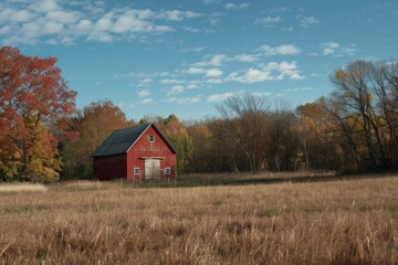 Red barn in lush green field
