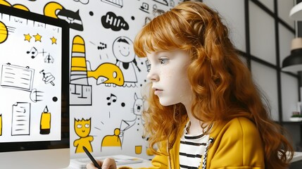 Bright Ginger Haired Schoolgirl Focused on Solving Mathematical Task on Classroom Whiteboard