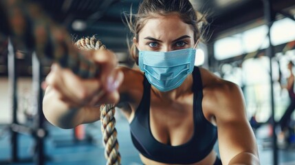 A female athlete is practicing with a battle rope while wearing a protective face mask in a gym - Powered by Adobe