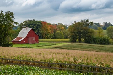 Obraz premium Red barn in lush green field 