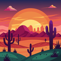 sunset in the mountains, Desert sunset backgrounds with cacti and vivid skies.