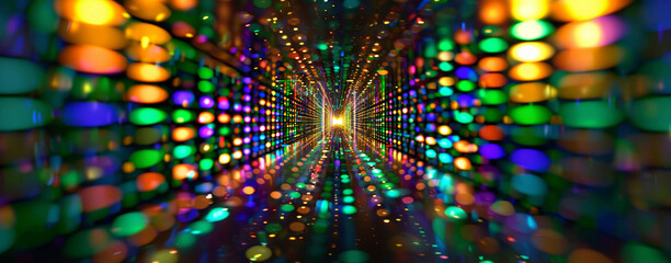 A mesmerizing tunnel illusion created by vibrant, multicolored lights extending towards infinity.