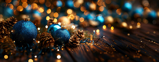 Festive Christmas scene on a wooden surface with sparkling blue ornaments, golden pinecones, and soft lighting. - Powered by Adobe