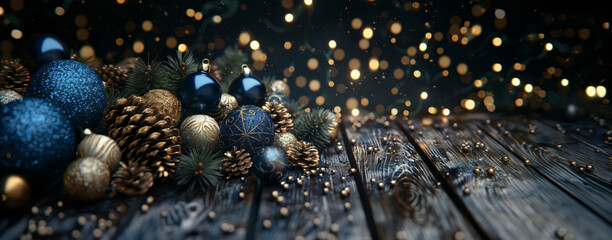 Festive Christmas scene on a wooden surface with sparkling blue ornaments, golden pinecones, and soft lighting.