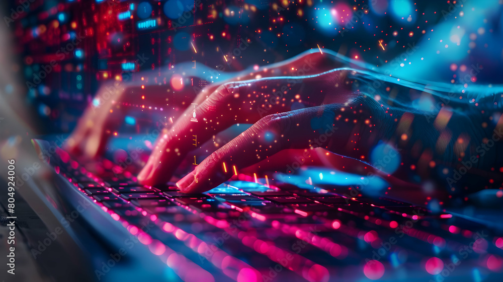Poster technological innovation: cyber connection hand touching laptop with cybernetic abstract patterns, b