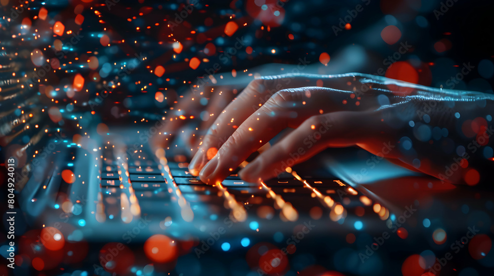 Poster cybernetic hand touching laptop with abstract tech patterns - business innovation concept