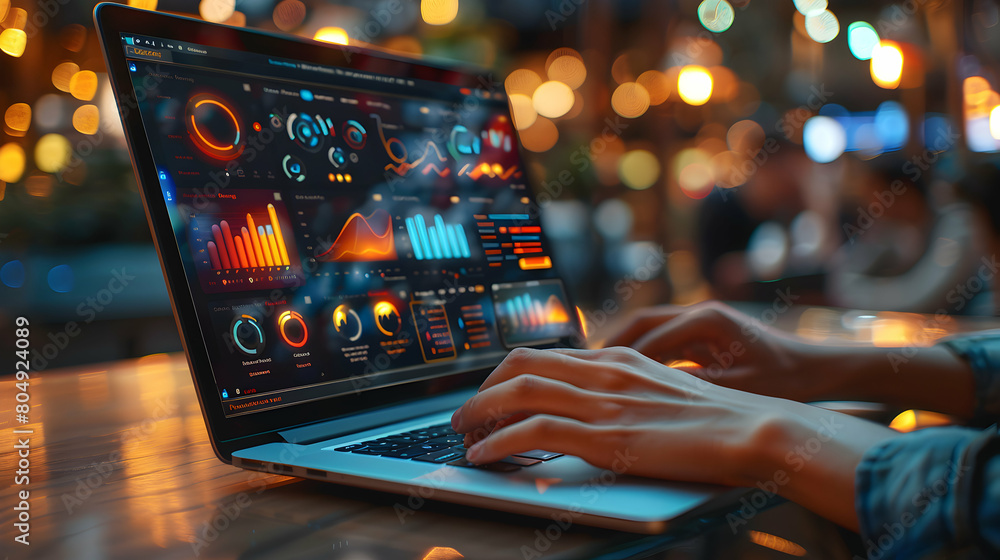 Poster data-driven decisions: hand on laptop with abstract data visualization for informed business innovat
