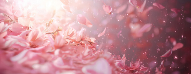 Vivid pink spring blossoms under a shower of light, creating a dreamy and romantic floral scene.