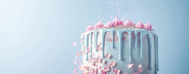 An artfully decorated birthday cake with pink icing and sprinkles, perfect for a special celebration.