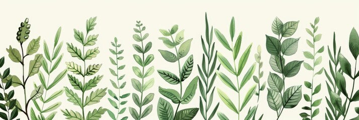 Obraz premium A seamless botanical watercolor illustration featuring a variety of green leaves, perfect for backgrounds, textiles, and eco-friendly concepts
