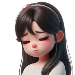 Asian cartoon character girl, young women portrait, female, sad mood, feeling expression concept, eyes close, 3d style, isolated on a white background