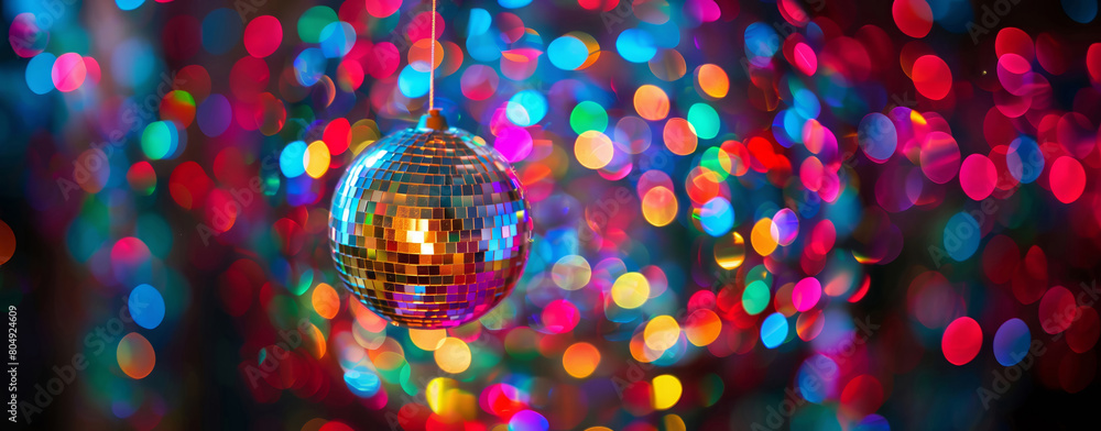 Aufkleber a close-up of a glittering disco ball with a multicolored bokeh light background creating a festive 