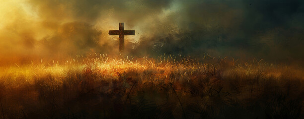 A dramatic, ethereal illustration of a lone cross in a misty, glowing field during twilight, evoking a spiritual atmosphere.