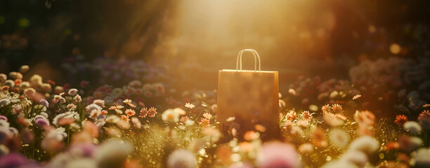 A lone shopping bag stands amidst a vibrant garden of flowers bathed in sunlight, symbolizing eco-friendly shopping.